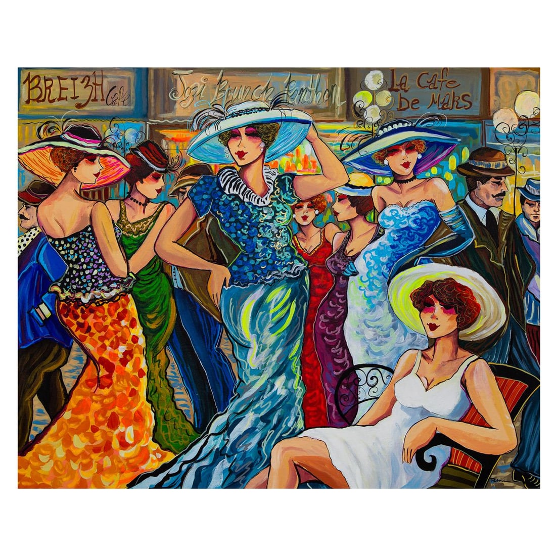 Patricia Govezensky- Original Acrylic on Canvas "Cafe Society": Artist: Patricia Govezensky. Medium: Original Acrylic on Canvas. Title: Cafe Society. Size: 24" x 30". Signature: Hand Signed by the Artist. Certificate of Authenticity: Is included. Reference#: