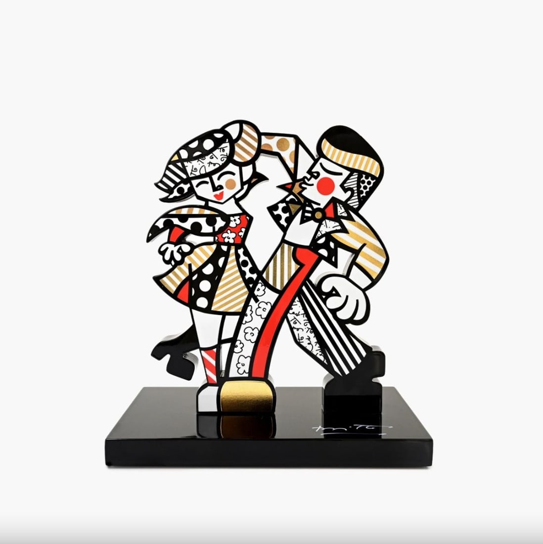 Romero Britto- Resin Sculpture with Hand Embellishments "Let's Dance": Artist: Romero Britto. Medium: Resin Sculpture with Hand Embellishments. Title: Let's Dance. Size: 8.75" x 7.25". Signature: Hand signed by the artist and includes an exclusive hologram. Certificate