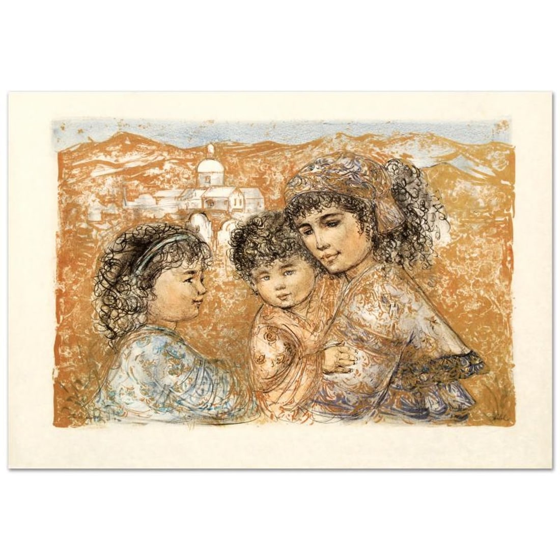 Zalina with Aries and Ande Limited Edition Lithograph by Edna Hibel (1917-2014), Numbered and Hand: Zalina with Aries and Ande is a limited edition lithograph on rice paper, numbered and hand signed by Edna Hibel (1917-2014). Includes Certificate of Authenticity! Measures approx. 35.5" x 25" (with b