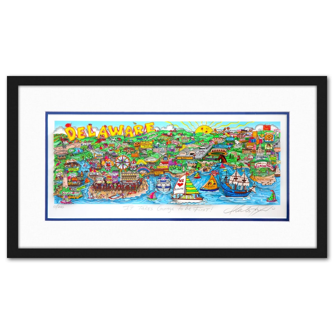 Charles Fazzino- 3D Construction Silkscreen Serigraph "I Takes Courage to be First !": Artist: Charles Fazzino. Medium: 3D Construction Silkscreen Serigraph. Title: I Takes Courage to be First !. Size: 8" x 14". Measures approx. 18" x 25" (framed). Signature: Hand signed and numbered. C