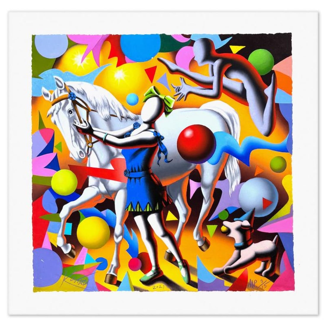 Mark Kostabi, "Equastrian Ecstacy" Limited Edition, MP Numbered 9/27 and Hand Signed with Letter of: Equastrian Ecstacy is a limited edition giclee on paper by Mark Kostabi, MP numbered 9/27 and hand signed by the artist. This piece comes matted. Includes Letter of Authenticity. Measures approx. 24.5