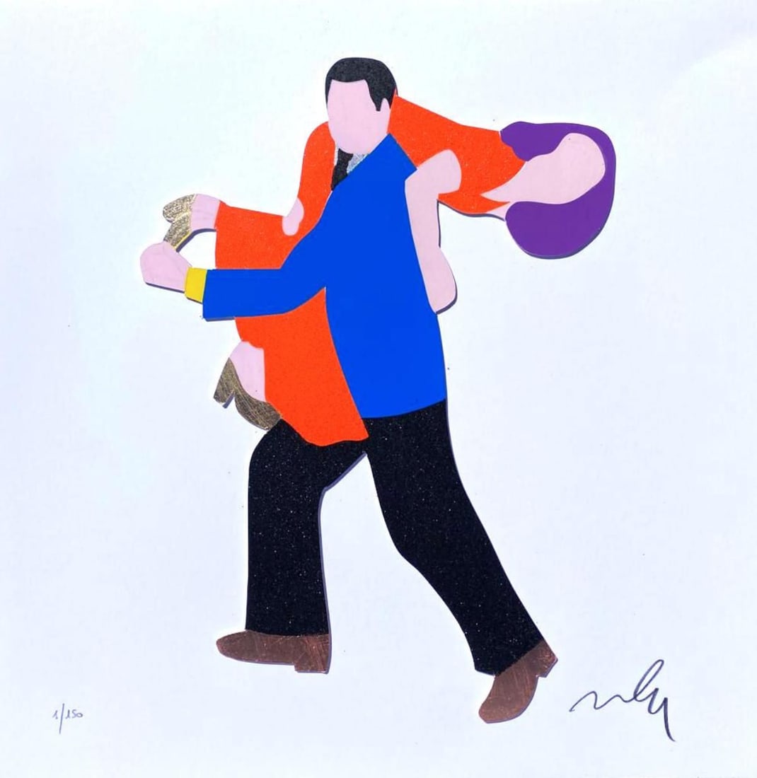 Marco Lodola- Original Serigraph on Paper with golden leaf "VIENI CON ME": Artist: Marco Lodola. Medium: Original Serigraph on Paper with golden leaf. Title: VIENI CON ME. Size: 16" x 16". Signature: Hand Signed and Numbered by the Artist. Certificate of Authenticity: Is