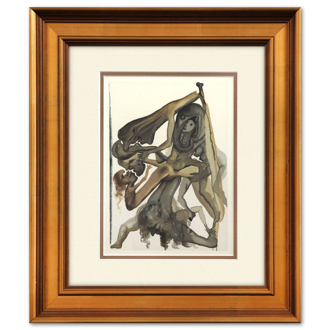 Salvador Dali- Original Color Woodcut on B.F.K. Rives Paper "Inferno 4": Artist: Salvador Dali. Medium: Original Color Woodcut on B.F.K. Rives Paper. Title: Inferno 4. Size: 13" x 10". Measures approx. 18.5" x 15.5" (framed). Certificate of Authenticity: Is included.