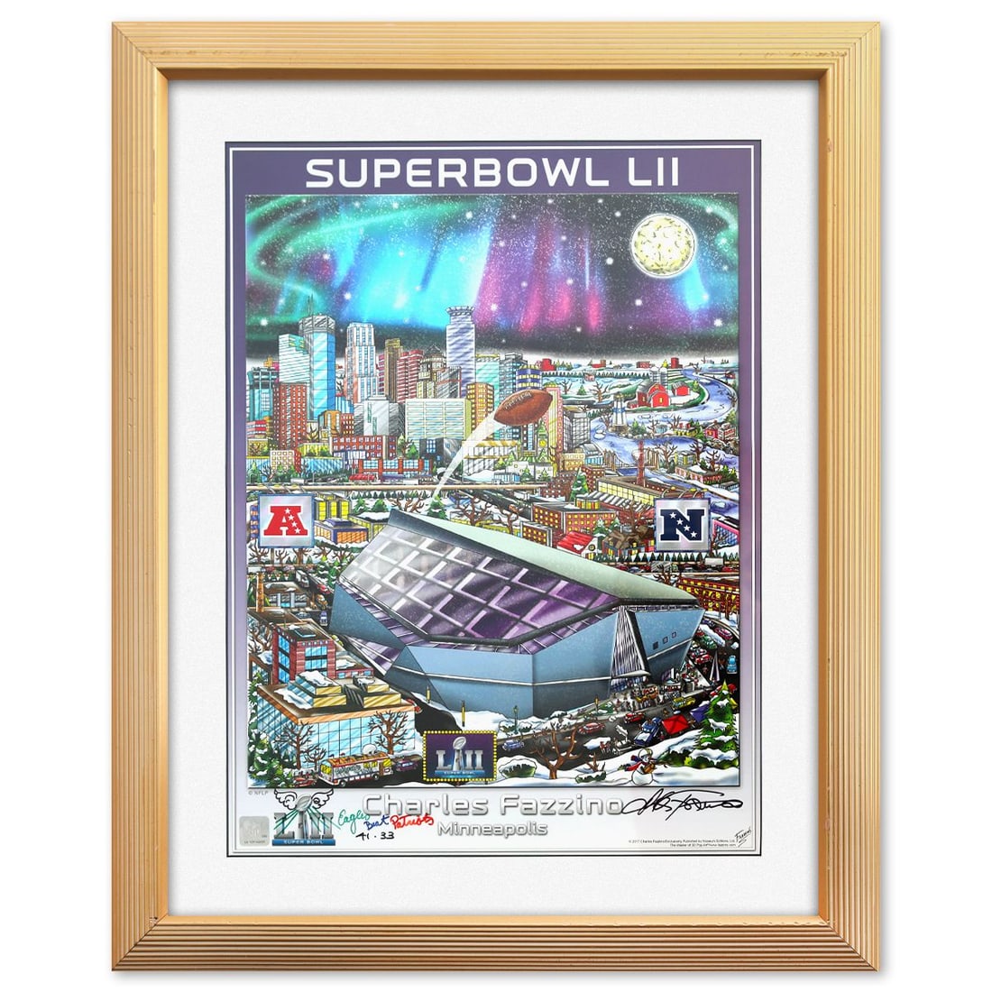 Charles Fazzino- Poster "Super Bowl Lll": Artist: Charles Fazzino. Medium: Poster. Title: Super Bowl Lll. Size: 24" x 17". Measures approx. 33" x 26" (framed). Signature: Hand Signed. Certificate of Authenticity: Is included. Reference#: 1000