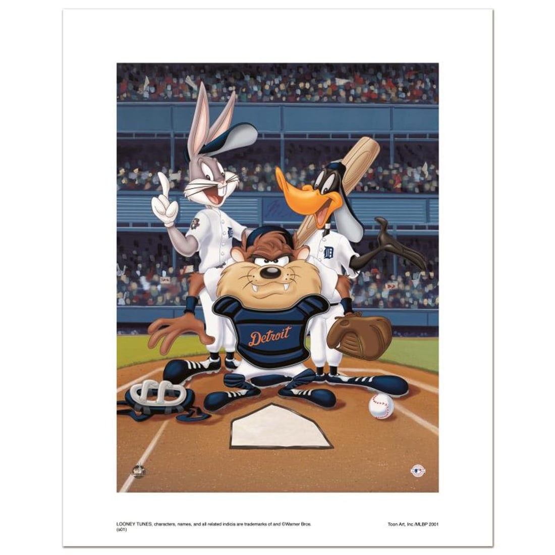 At the Plate (Tigers) Numbered Limited Edition Giclee from Warner Bros. with Certificate of: At the Plate (Tigers) is a limited edition giclee on paper from Warner Bros. featuring iconic Looney Tunes characters in Detroit Tigers MLB uniforms. It comes numbered, with hologram seal, and a