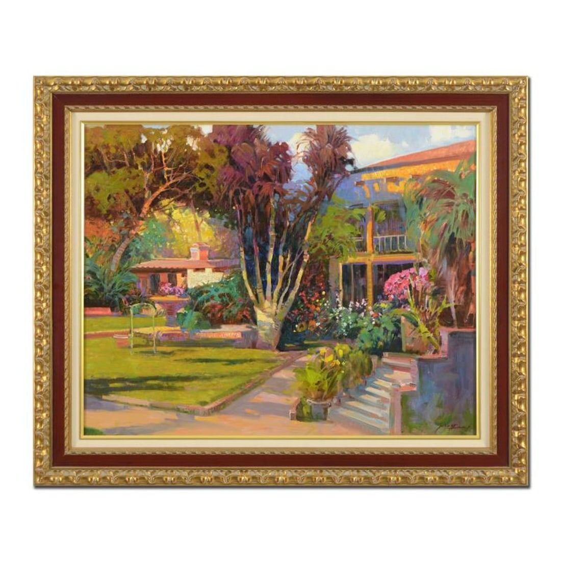 Ming Feng, "Hideaway Villa" Framed Original Oil Painting on Canvas, Hand Signed with Letter of: Hideaway Villa is an original oil painting on canvas by Ming Feng, hand signed by the artist. This piece comes framed. Includes Letter of Authenticity. Measures approx. 37" x 31" (frame), 29.5" x 23.5