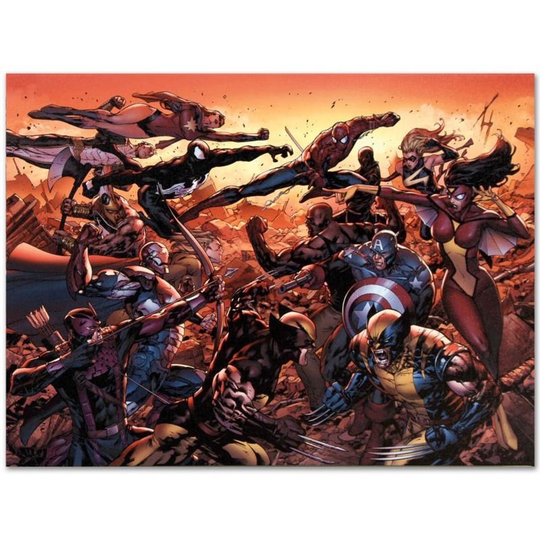 Marvel Comics "New Avengers #50" Numbered Limited Edition Giclee on Canvas by Billy Tan with COA.: A piece of comic book history, this limited edition, from original art by Billy Tan, depicts Wolverine, Spider-Man, Spider Woman, Captain America, Hawkeye, Iron Patriot, Ares, and Ms. Marvel. Billy Ta