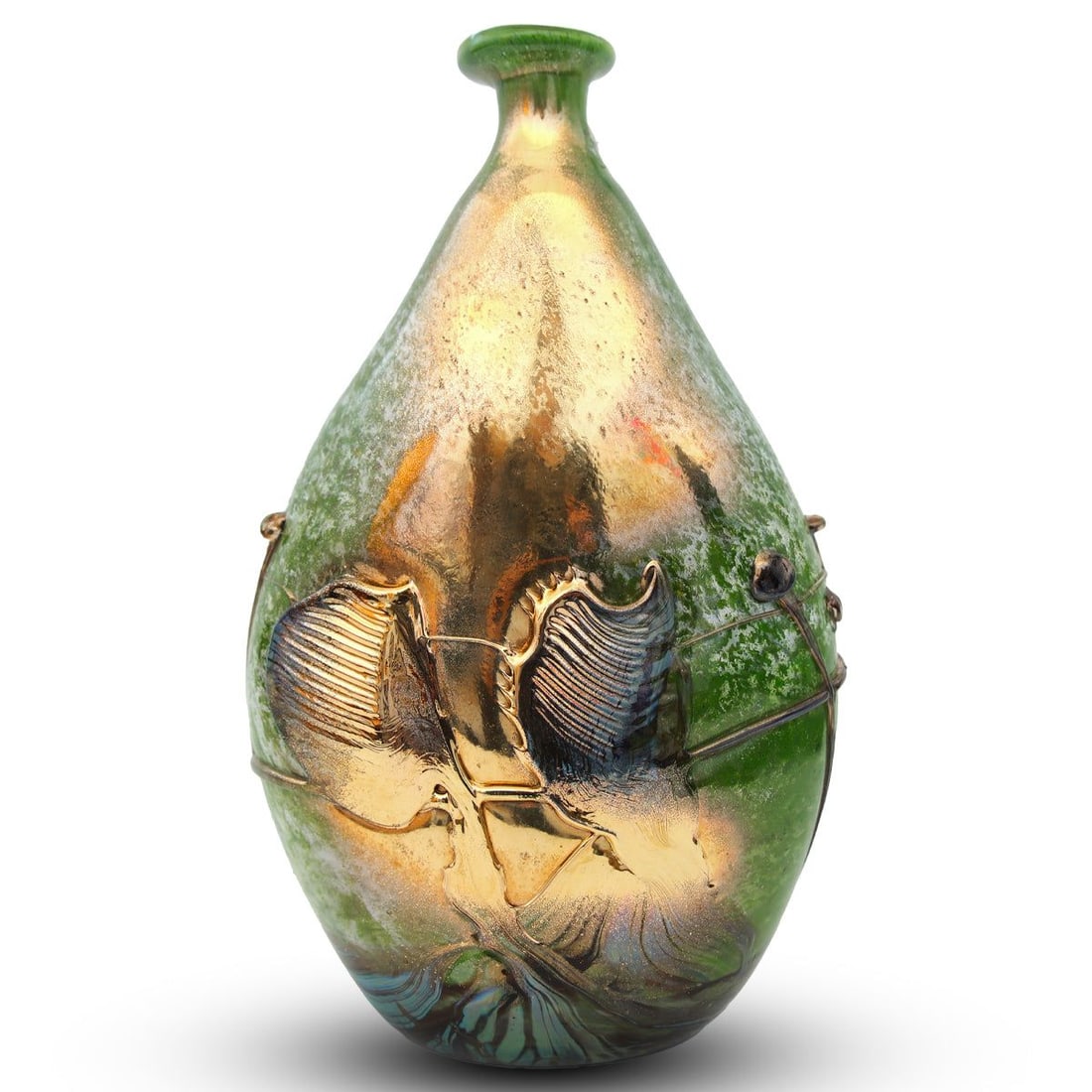 Jean-Claude Novaro- Handmade Glass "Green Fluted Vase w/Gold": Artist: Jean-Claude Novaro. Medium: Handmade Glass. Title: Green Fluted Vase w/Gold. Size: 17" x 10". Signature: Signed and Dated. Additional: Size: 17x10x4. Reference#: 74462.