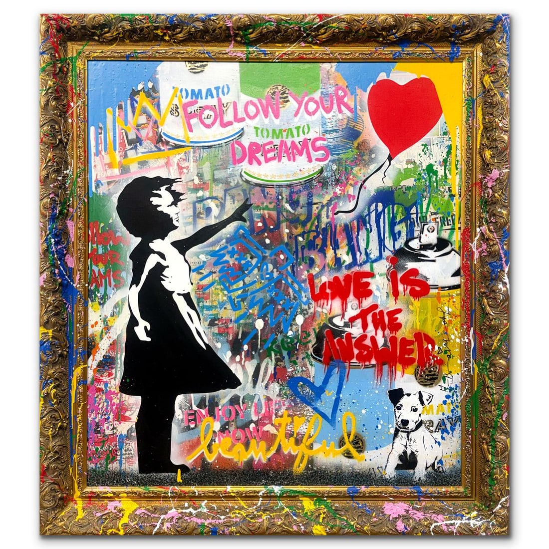 Mr. Brainwash- Silkscreen and Mixed Media on Canvas with Splashed Frame "Balloon Girl, 2026": Artist: Mr. Brainwash. Medium: Silkscreen and Mixed Media on Canvas with Splashed Frame. Title: Balloon Girl, 2026. Size: 38.75" x 34.75". Signature: Hand signed. Certificate of Authenticity: Is inclu