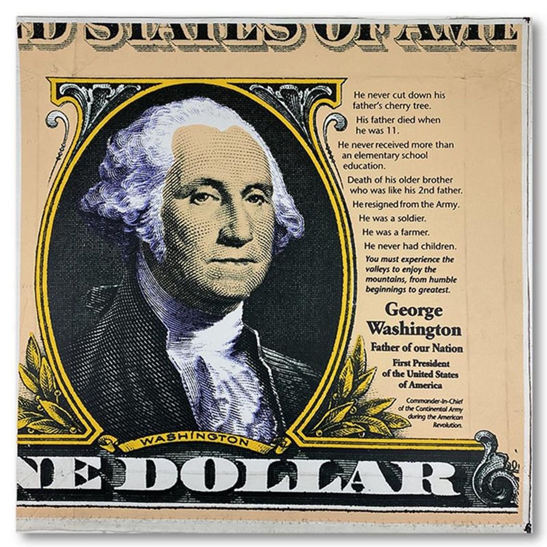 Steve Kaufman (1960-2010), "George Washington, Father of Our Nation" Hand Signed and Numbered: George Washington, Father of Our Nation is a limited edition hand pulled silkscreen mixed media on canvas by Andy Warhol protege Steve Kaufman (1960-2010). This piece is numbered and AP 2/50 and hand 