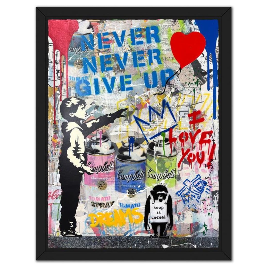 Mr Brainwash, "Balloon Boy" Framed Mixed Media Original, Hand Signed with Certificate of: Balloon Boy is a mixed media original on deckle edge paper by Mr Brainwash, Hand Signed and thumbprinted en verso by the artist. This piece comes custom framed. Includes Certificate of Authenticity. M