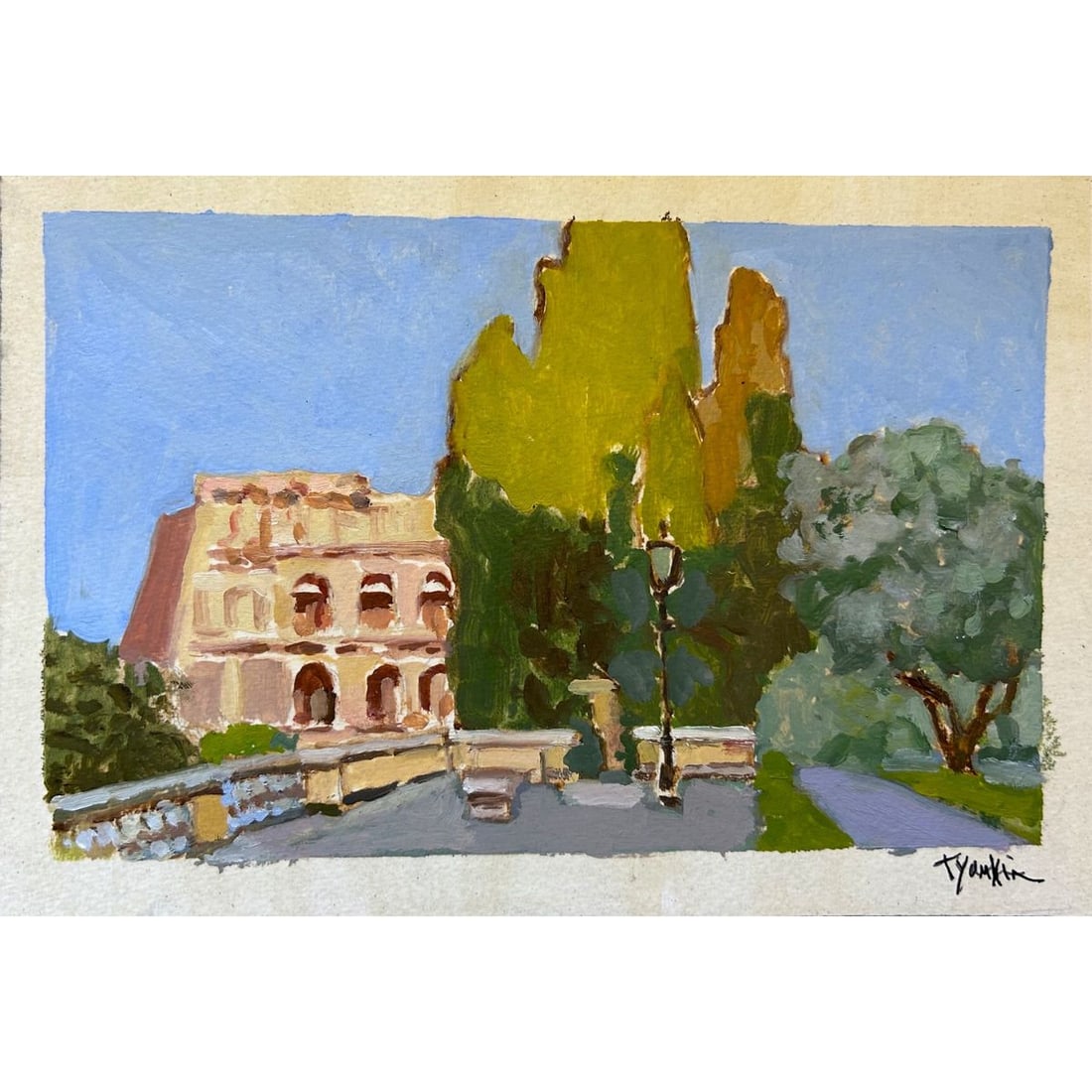 Boris Tyomkin- Original Oil on Shellacked paper "View of the Colosseum, Rome": Artist: Boris Tyomkin. Medium: Original Oil on Shellacked paper. Title: View of the Colosseum, Rome. Size: 7" x 10". Signature: Signed. Reference#: 33436.