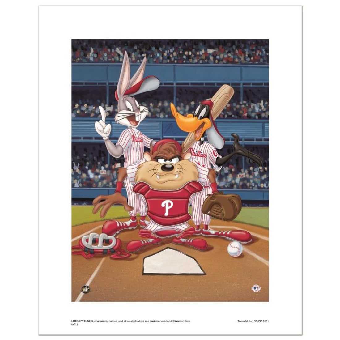 At the Plate (Phillies) Numbered Limited Edition Giclee from Warner Bros. with Certificate of: At the Plate (Phillies) is a limited edition giclee on paper from Warner Bros. featuring iconic Looney Tunes characters in Philadelphia Phillies MLB uniforms. It comes numbered, with hologram seal,