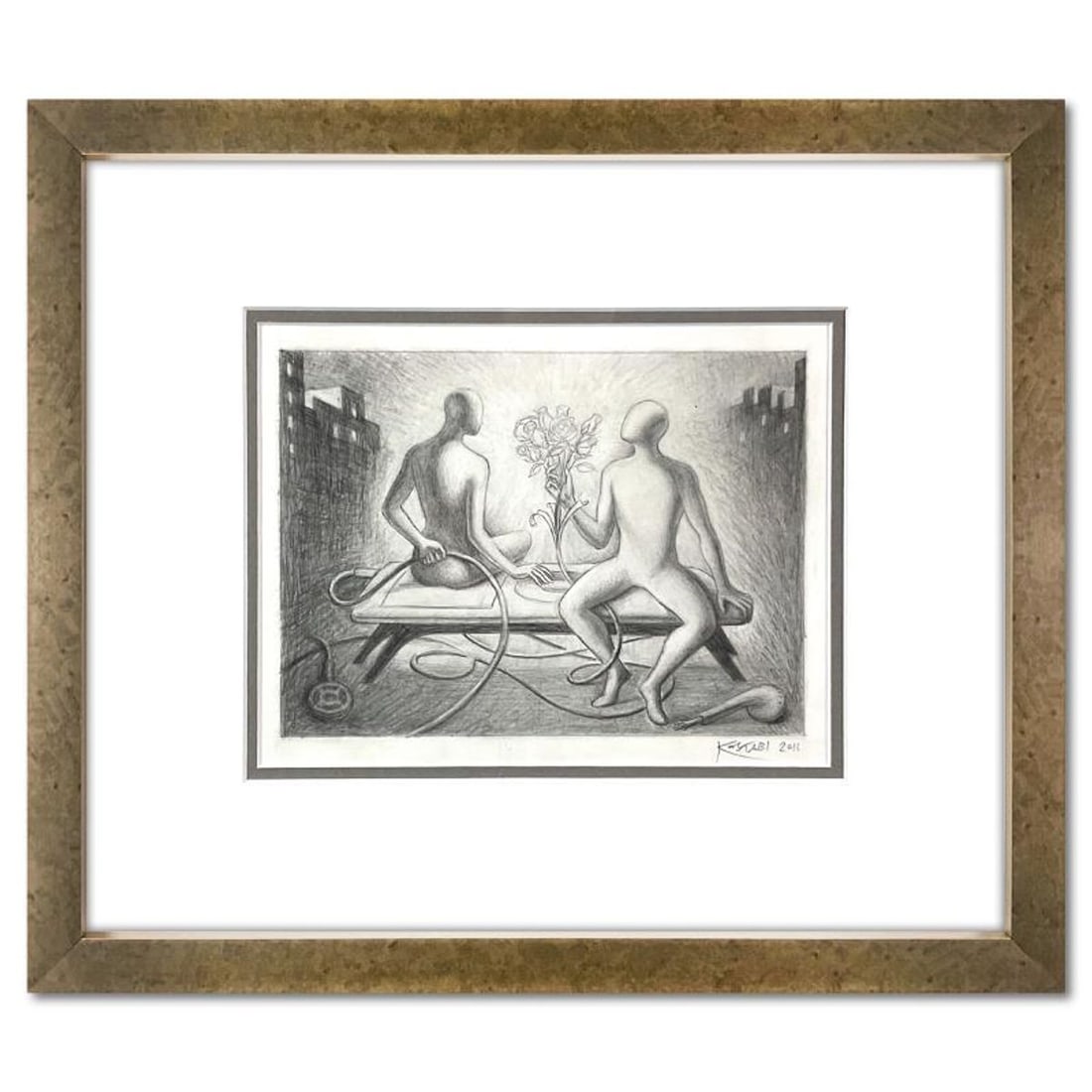 Mark Kostabi, "They're Playing My Song" Framed Original Drawing on Paper, Hand Signed with (1 of 3)