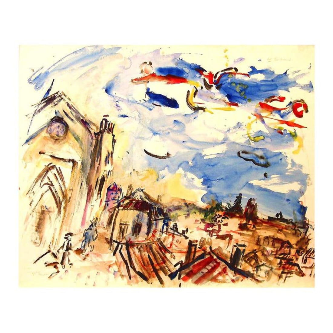 Wayne Ensrud, "Blue Skies Over St Emilion" Watercolor Original Artwork; Hand Signed; COA: Blue Skies Over St Emilion is an original Watercolor on Paper by Wayne Ensrud. The piece is hand signed by the artist and comes with a Certificate of Authenticity. Measures approximately 20" x 29".
