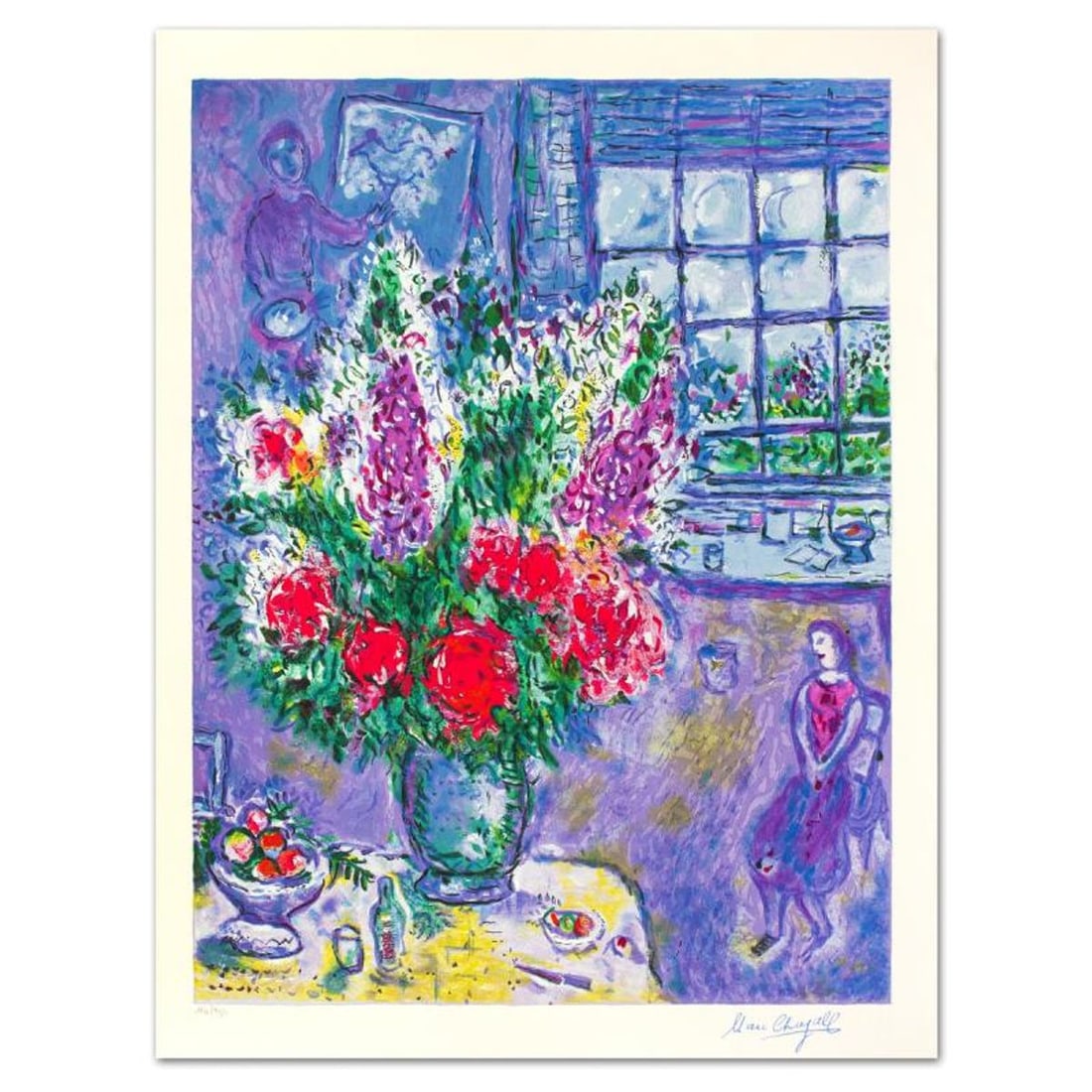 Marc Chagall (1887-1985), "Autoportrait Avec Bouquet" Limited Edition Serigraph with Letter of: Autoportrait Avec Bouquet is a limited edition serigraph on paper by Marc Chagall (1887-1985). Authorized by the Chagall Estate and ADAGP Paris , the piece is plate signed and comes with a letter of