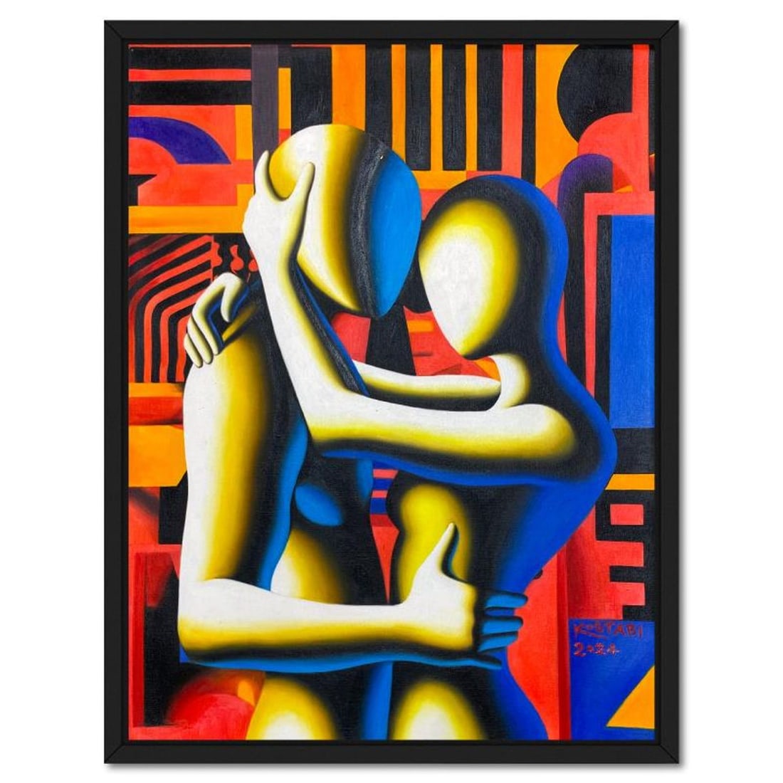 Mark Kostabi, "Love Wired" Framed Original Oil Painting on Canvas, Hand Signed with a Certificate of: Love Wiredis an original oil painting on canvas by Mark Kostabi, hand signed by the artist. This piece comes custom framed. Includes Certificate of Authenticity. Measures approx. 27" x 21" (frame),