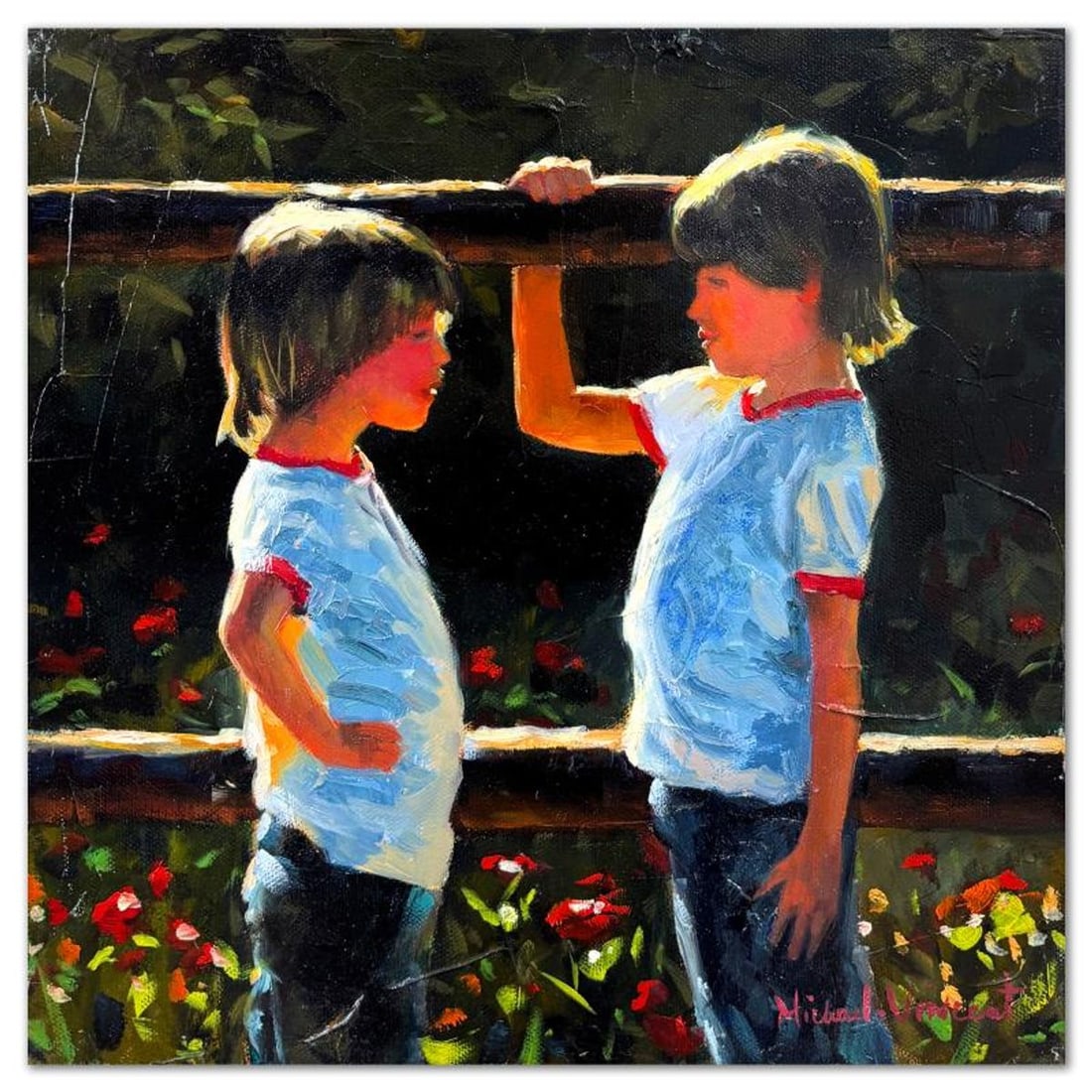 Michael Vincent, "Me and My Brother" Original Painting on Canvas, Hand Signed with Letter of: Me and My Brother is an original painting on stretched canvas by Michael Vincent, hand signed by the artist. Includes Letter of Authenticity. Measures approx. 14" x 14" (image).
