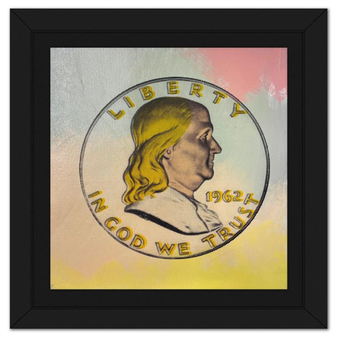 Steve Kaufman (1960-2010), "Ben Half Dollar" Framed Hand Embellished Limited Edition Silscreen,: Ben Half Dollar is a hand embellished limited edition silkscreen on canvas by Andy Warhol protege, Steve Kaufman (1960-2010), numbered 18/50 inverso and hand signed by the artist. This piece comes cus