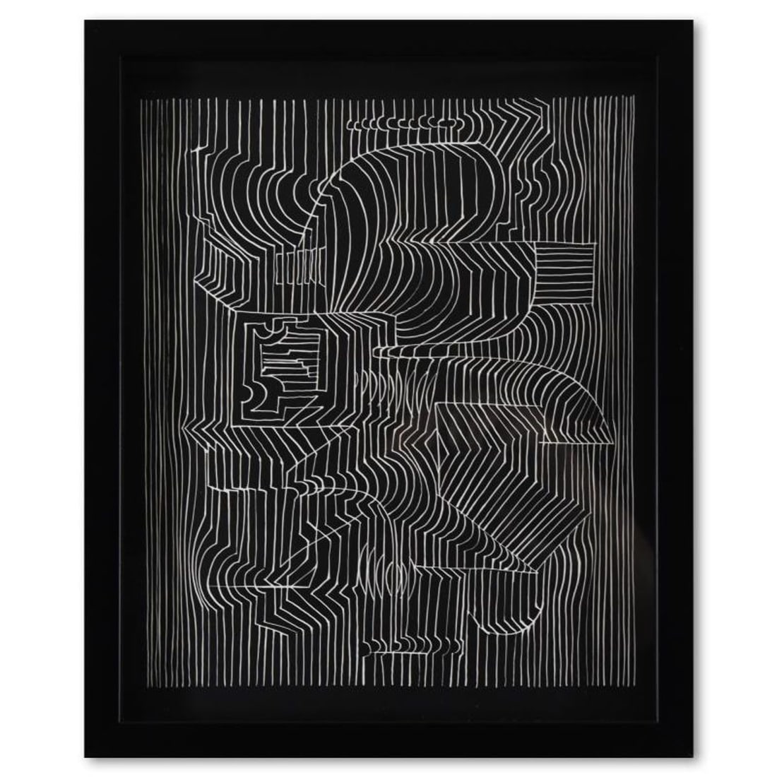 Victor Vasarely (1908-1997), "Gordium de la serie Ondulatoires" Framed 1973 Heliogravure Print with: Gordium de la serie Ondulatoires is a heliogravure print on paper, published in 1973, by Victor Vasarely (1908-1997). This piece comes custom framed, with a letter of authenticity and with a 1976 Vasa