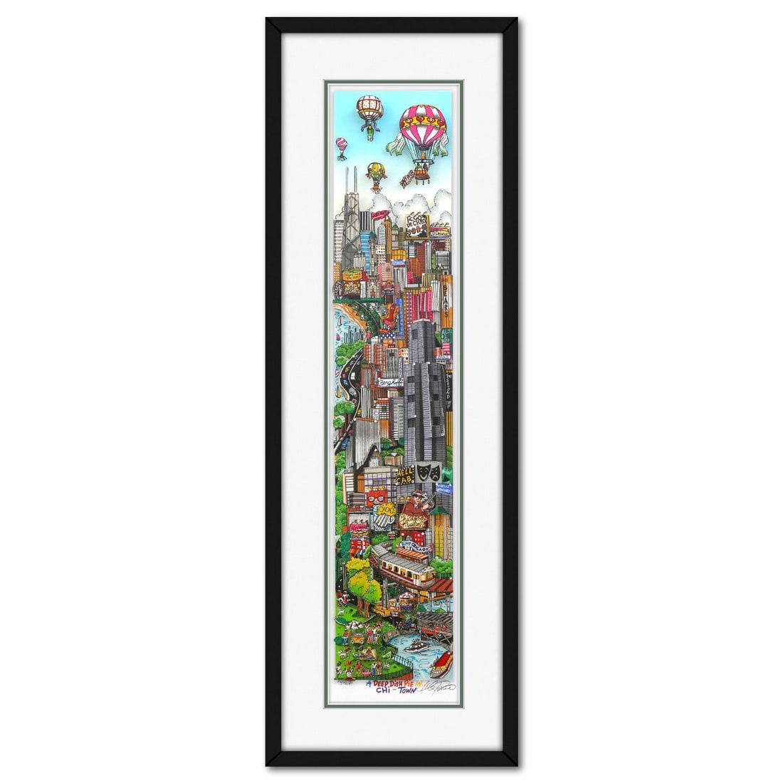 Charles Fazzino- 3D Construction Silkscreen Serigraph "A Deep Dish Pie in Chi Town": Artist: Charles Fazzino. Medium: 3D Construction Silkscreen Serigraph. Title: A Deep Dish Pie in Chi Town. Size: 31" x 7". Measures approx. 37" x 13" (framed). Signature: Hand Signed and Numbered. Cer
