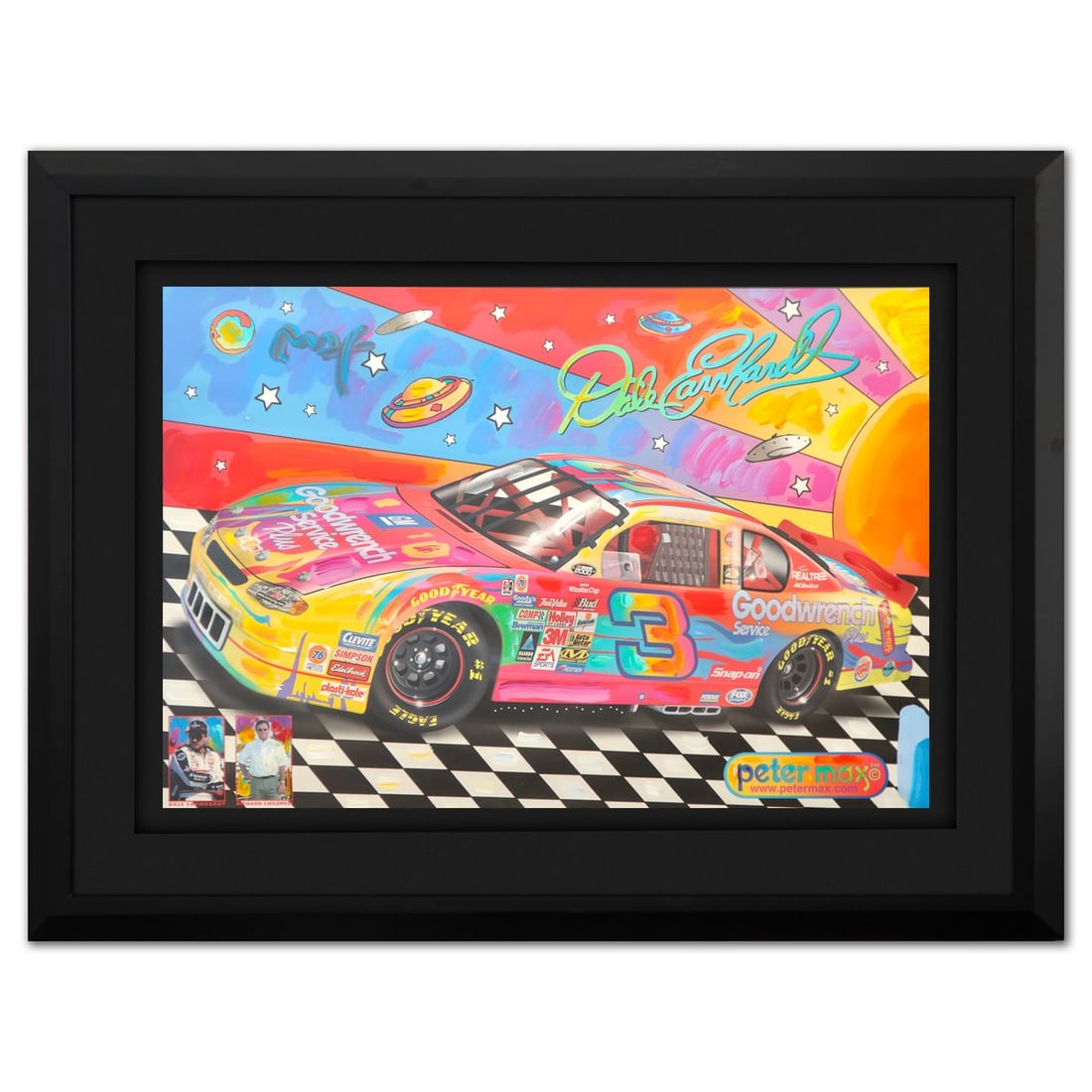 Peter Max- Mixed Media on Paper "DALE EARNHARDT NASCAR#23": Artist: Peter Max. Medium: Mixed Media on Paper. Title: DALE EARNHARDT NASCAR#23. Size: 24" x 36". Measures approx. 36" x 48" (framed). Signature: Hand Signed and Numbered. Certificate of Authenticity