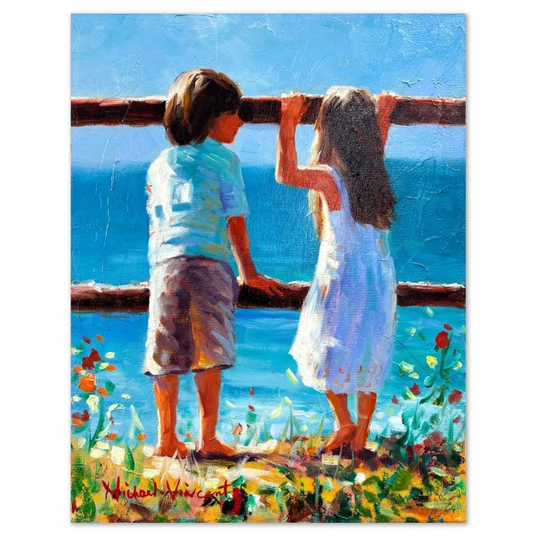 Michael Vincent, "Beach Outing" Original Painting on Canvas, Hand Signed with Letter of (1 of 2)