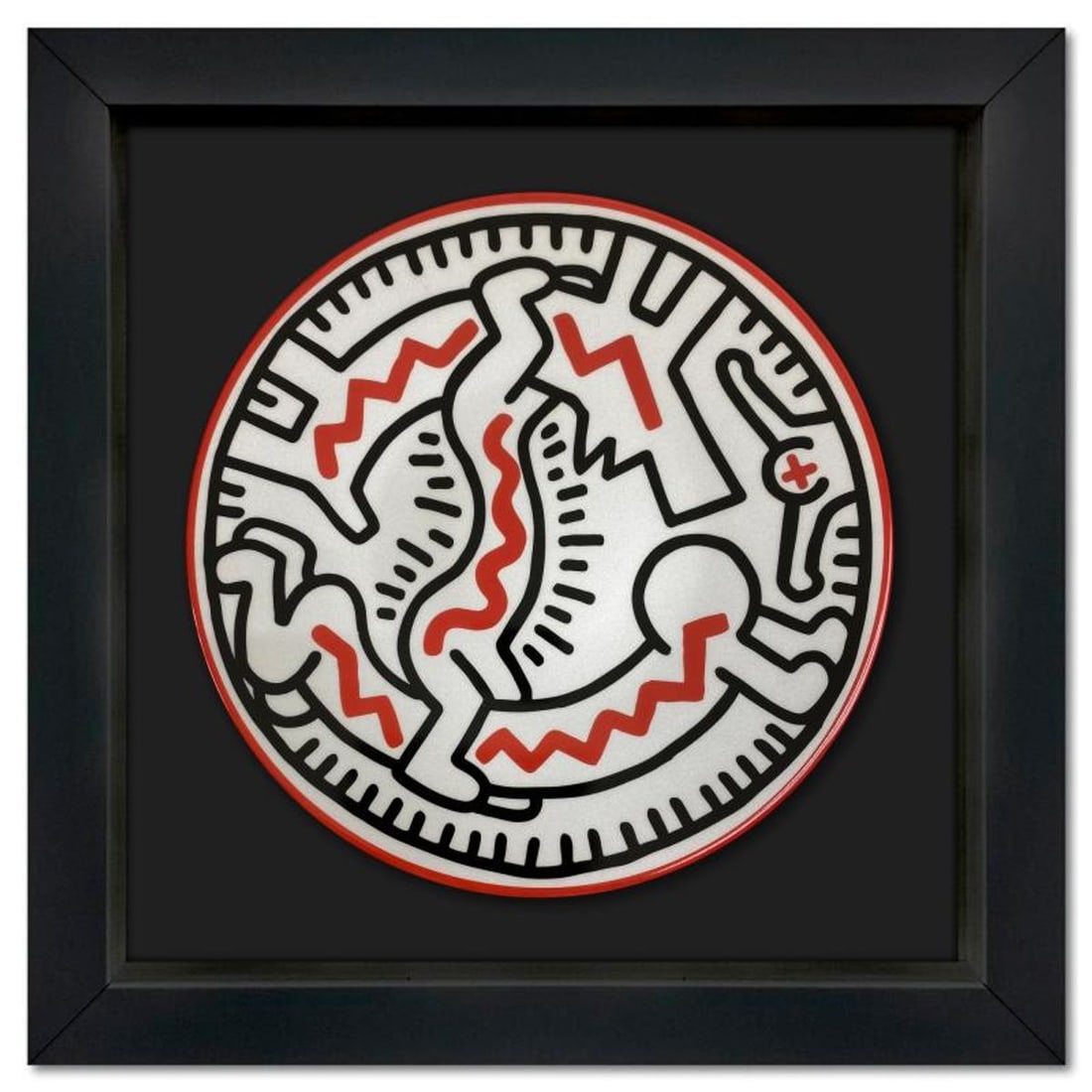 Keith Haring (1958-1990), "Man-Dog" Framed Limoges Porcelain Plate.: Man-Dog is a Limoges porcelain plate bearing the plate signature inverso of Keith Haring (1958-1990). This plate is custom framed and floated on linen. Measures approx. 13.5" x 13.5" (frame), 8.5" (pl