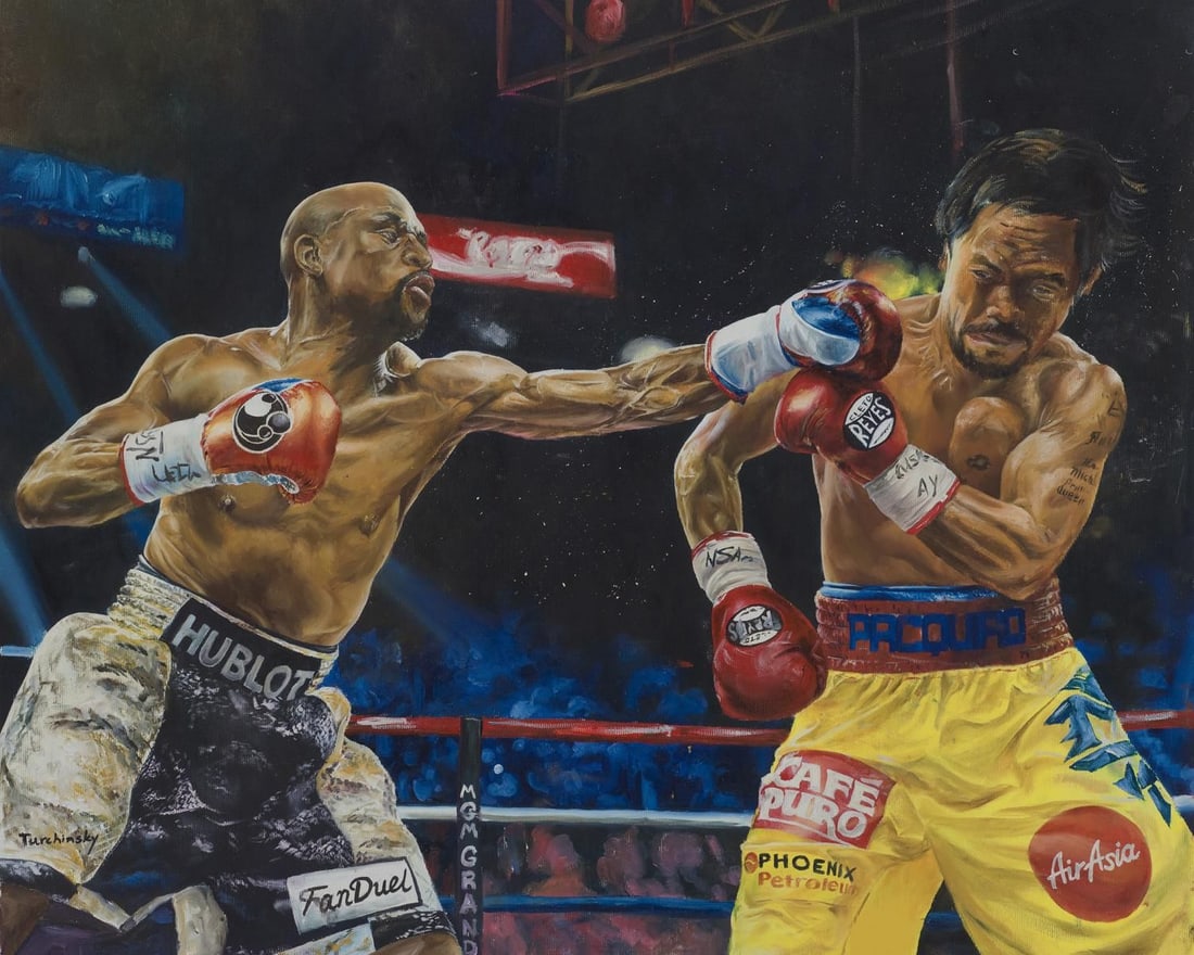 Turchinsky Dimitry- Mixed Media "Mayweather Vs Pacquiao": Artist: Turchinsky Dimitry. Medium: Mixed Media. Title: Mayweather Vs Pacquiao. Size: 24" x 30". Signature: Hand Signed by the Artist. Certificate of Authenticity: From the publisher. Reference#: 2098