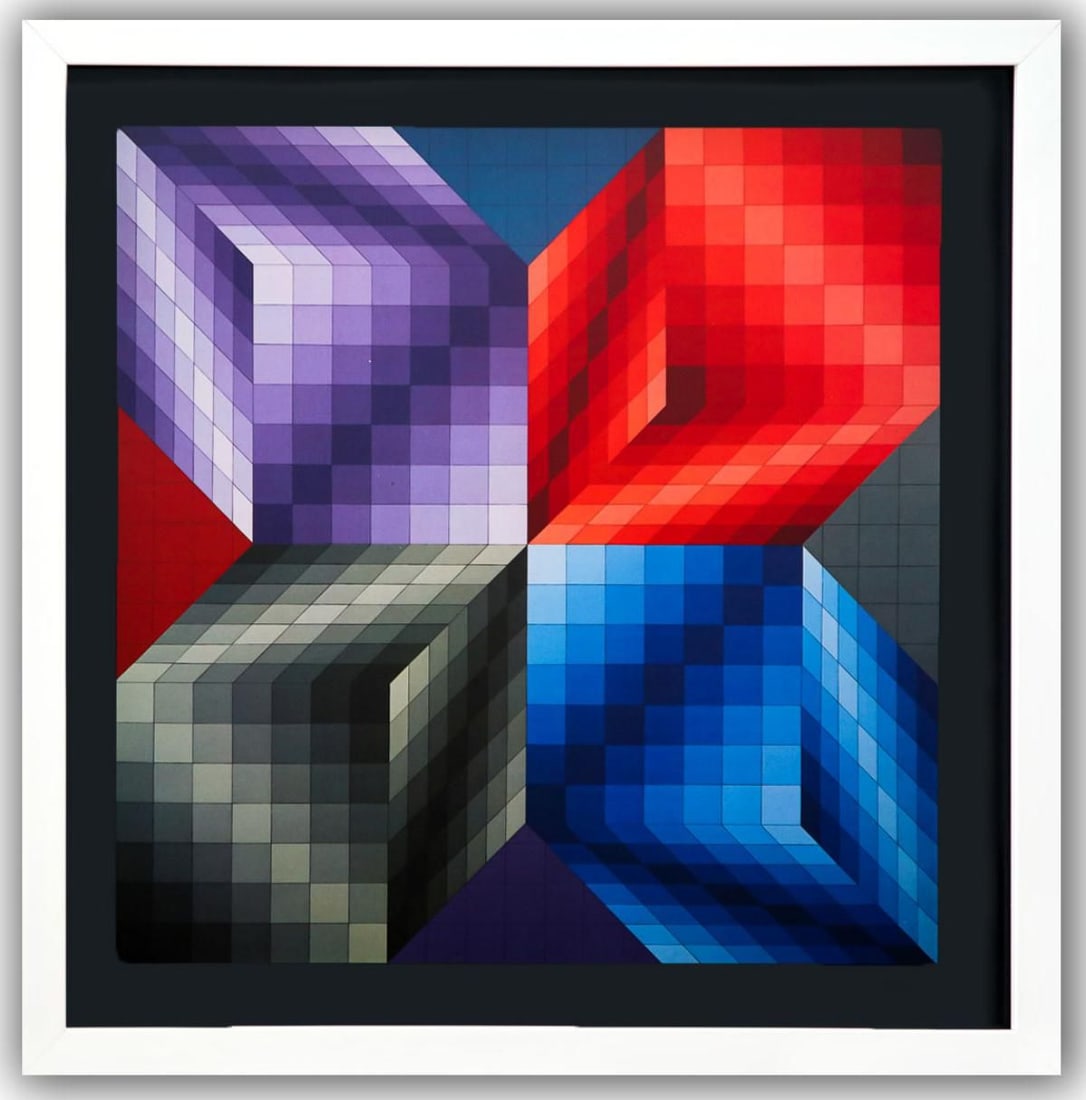 Victor Vasarely- Heliogravure Print "Untitled": Artist: Victor Vasarely. Medium: Heliogravure Print. Title: Untitled. Size: 10" x 10". Measures approx. 12" x 12" (framed). Additional: Custom Framed. Reference#: 21443.