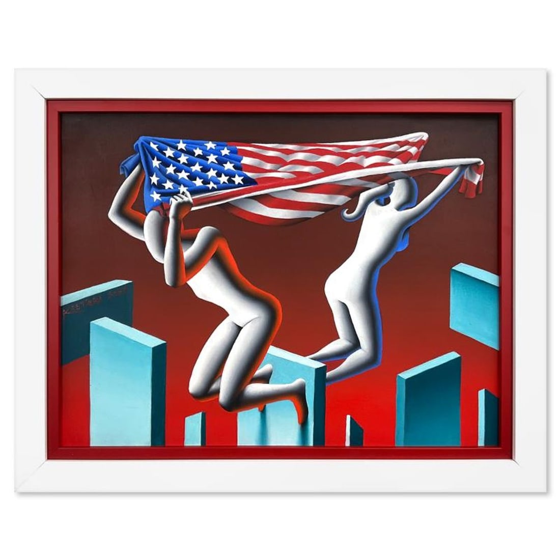 Mark Kostabi, "Just Between Us" Framed Original Oil Painting on Canvas, Hand Signed with Letter of: Just Between Us is an original oil painting on canvas by Mark Kostabi, hand signed by the artist. This piece comes framed. Includes Letter of Authenticity. Measures approx. 27" x 21.5" (frame), 22.5" 