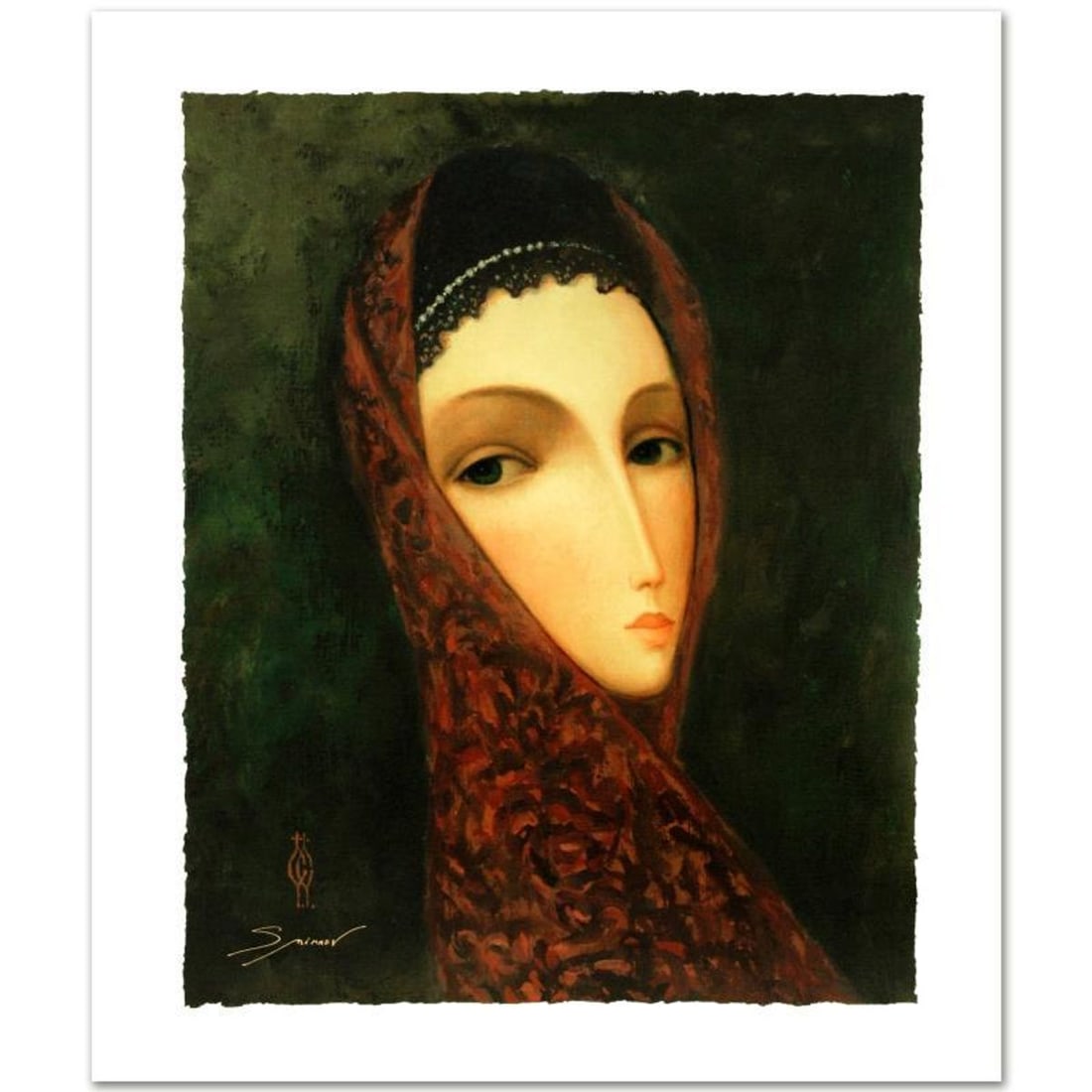 Sergey Smirnov (1953-2006), "Contessa" Limited Edition Mixed Media on Canvas, Numbered and Hand: Combining time-honored religious icon painting with western style portraiture, the hauntingly beautiful art of Sergey Smirnov (1953-2006) is inspired by the 'Parsuna' art movement. "Contessa" is a lim