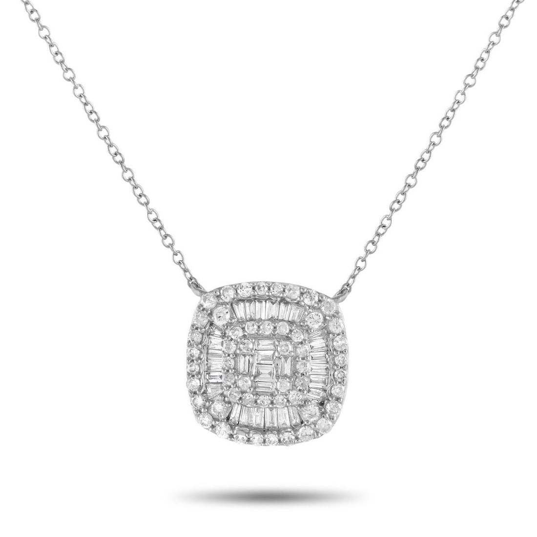 14K WHITE GOLD 0.50CT DIAMOND CUSHION CLUSTER NECKLACE: Diamonds with a total weight of 0.50 carats make a statement on this simple, elegant necklace. Suspended from a 15.5 chain, youll find a 14K White Gold pendant measuring 0.50 round.This jewelry piece 