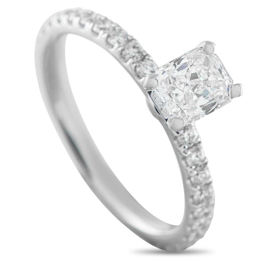 18K WHITE GOLD 1.03CT DIAMOND RING: This dazzling ring is ideal for everyday wear. A 0.83 carat cushion cut Diamond makes a statement at the center, while additional Diamonds totaling 0.20 carats extend onto the band for extra sparkle. 