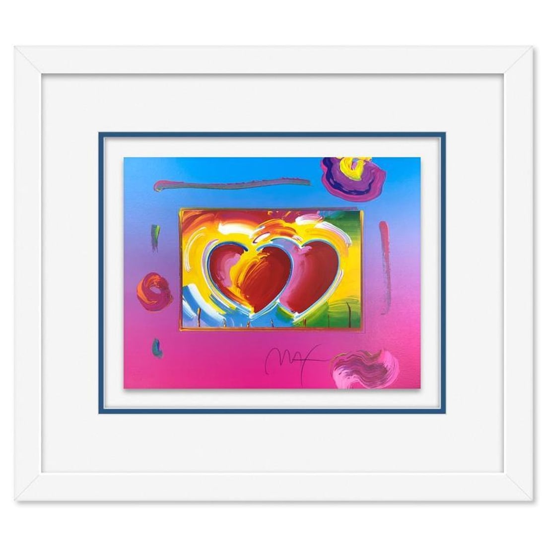 Peter Max, "Two Hearts on Blends" Framed Limited Edition Lithograph, Numbered and Hand Signed with: Two Hearts on Blends is a limited edition lithograph on paper by Peter Max, numbered and hand signed by the artist. This piece comes framed. Includes Certificate of Authenticity from Peter Max Studios