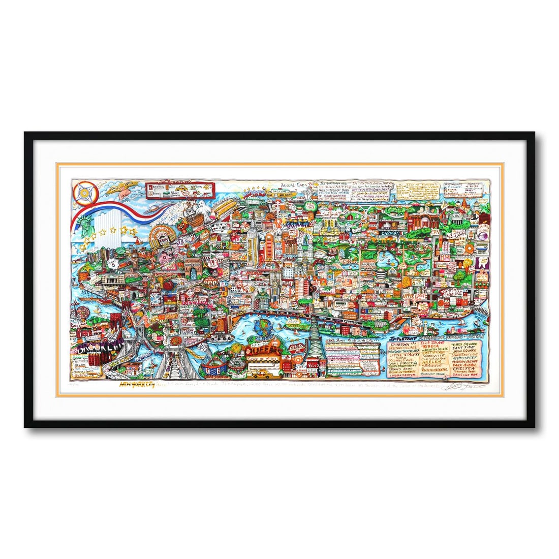 Charles Fazzino- 3D Construction Silkscreen Serigraph "NY IS...": Artist: Charles Fazzino. Medium: 3D Construction Silkscreen Serigraph. Title: NY IS.... Size: 22" x 43". Measures approx. 29" x 49" (framed). Signature: Hand Signed and Numbered. Certificate of Authen