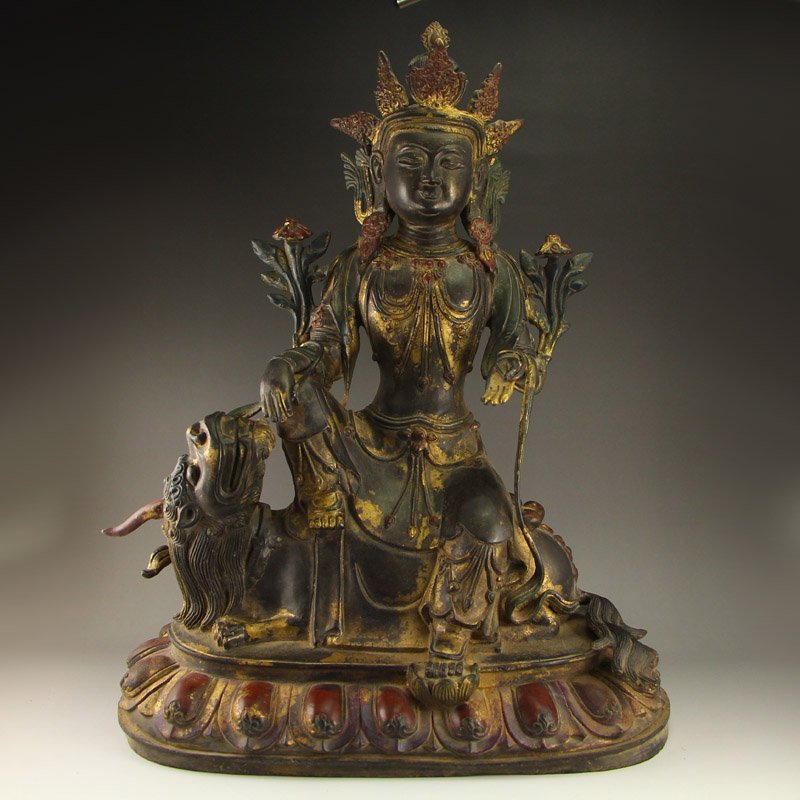 Tibetan Gilt Gold Bronze Manjushri Bodhisattva Statue: Vintage Tibetan Buddhist Gilt Gold Bronze Manjushri Bodhisattva Statue Dimension: 510x360x230(mm)20.08x14.17x9.06(inches) Weight 17.47 lbs/7925 g