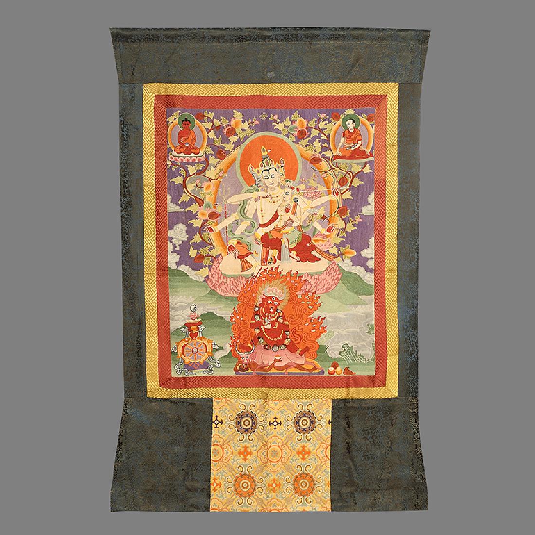 LARGE QING DYNASTY SILK EMBROIDERY THANGKA: Large Chinese Qing Dynasty Silk Embroidery Thangka .seed embroidered.18th Century Qing Dynasty Chinese large silk embroidery Buddhist Thangka ..Total Length: 130cm, Total Width: 80cm