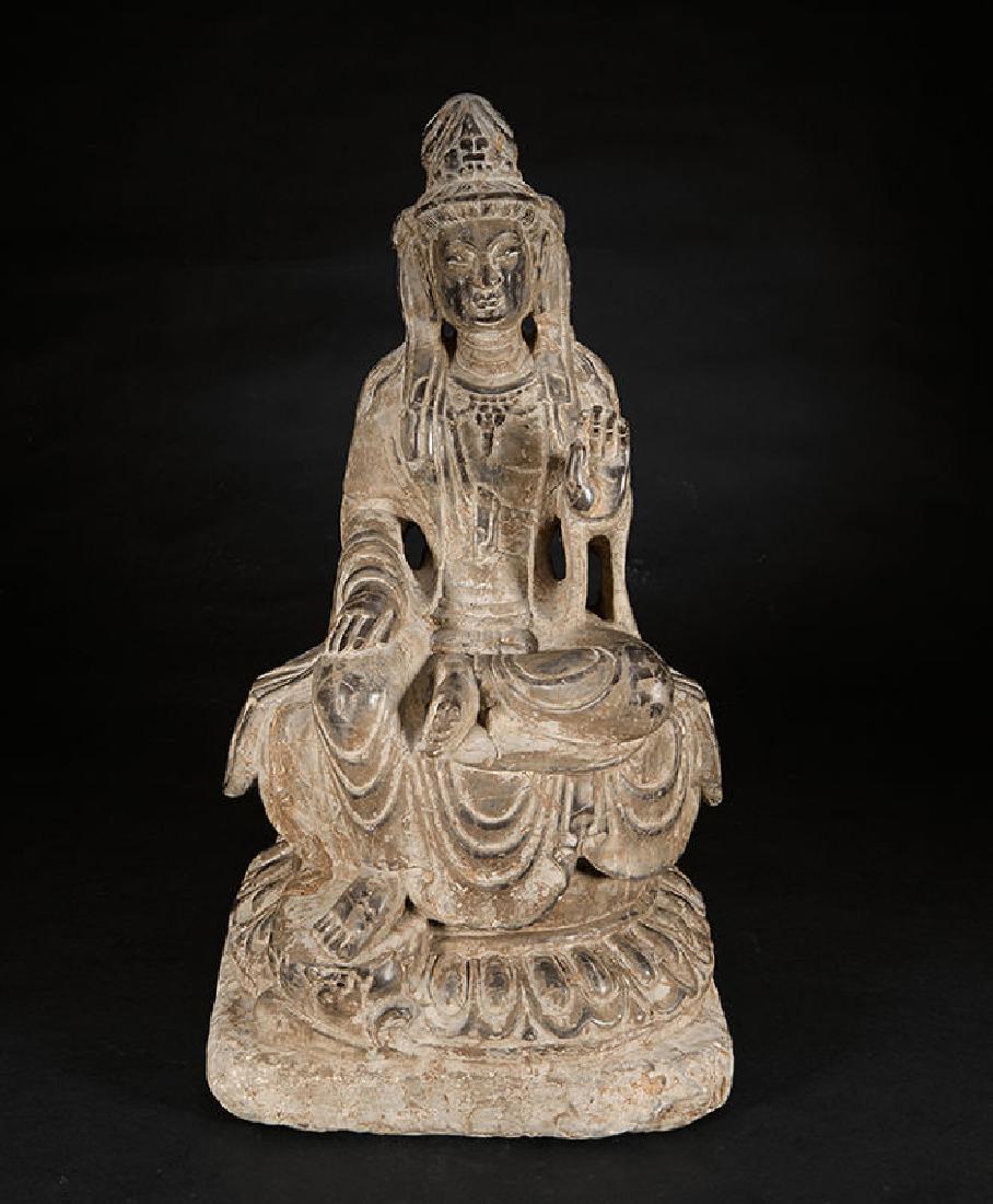 LARGE MING DYNASTY STONE CARVING GUANYIN: Large Ming Dynasty stone carving guanyin.. Size:50*25*25cm..Weight:25.1kg