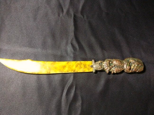 Fine Chinese amber letter opener: Vintage Asian amber letter opener decorated with dragon and turtles on handle Approx H 11 In.