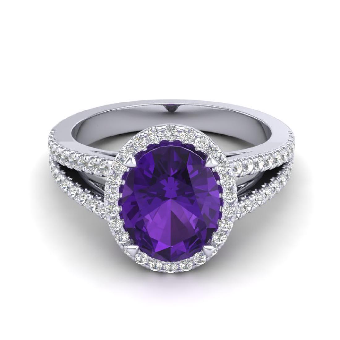 3 CTW Amethyst & Micro VS/SI Diamond Halo Solitaire: REF-67A6X -20927 ---- 3 CTW Amethyst & Micro VS/SI Diamond Halo Solitaire Ring 18K White Gold ---- Luxury Designer Brand Ring Appraised at $4,850 Certificate Number US20927 18k White gold, Ring Size i