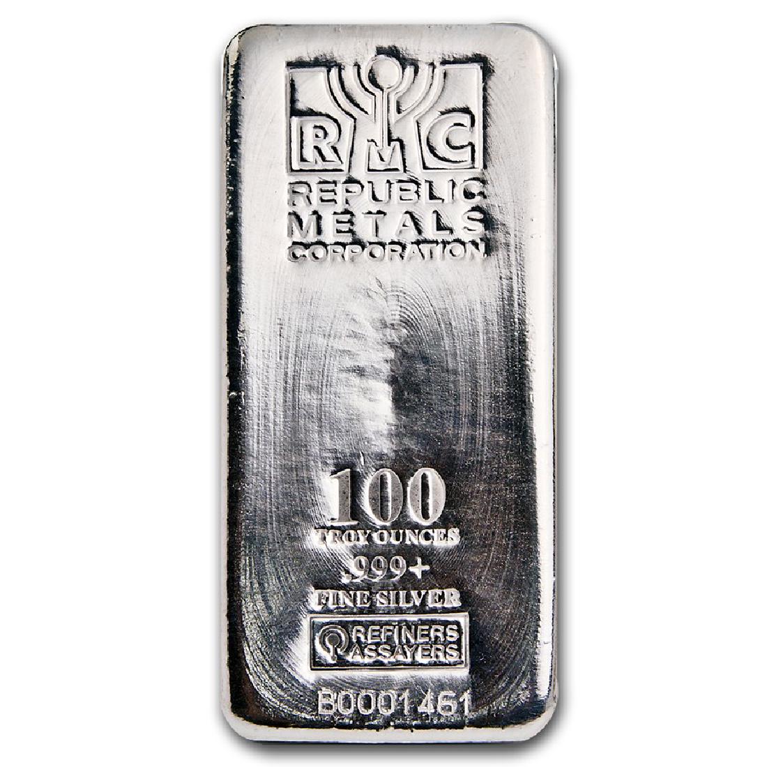 One piece 100 oz 0.999 Fine Silver Bar Republic Metals: SKU: 84703 ---- One piece 100 oz 0.999 Fine Silver Bar Republic Metals CorporationOxford Auction is a world-renowned auction house that specializes in Fine Jewelry auctions. With more than 55 years in