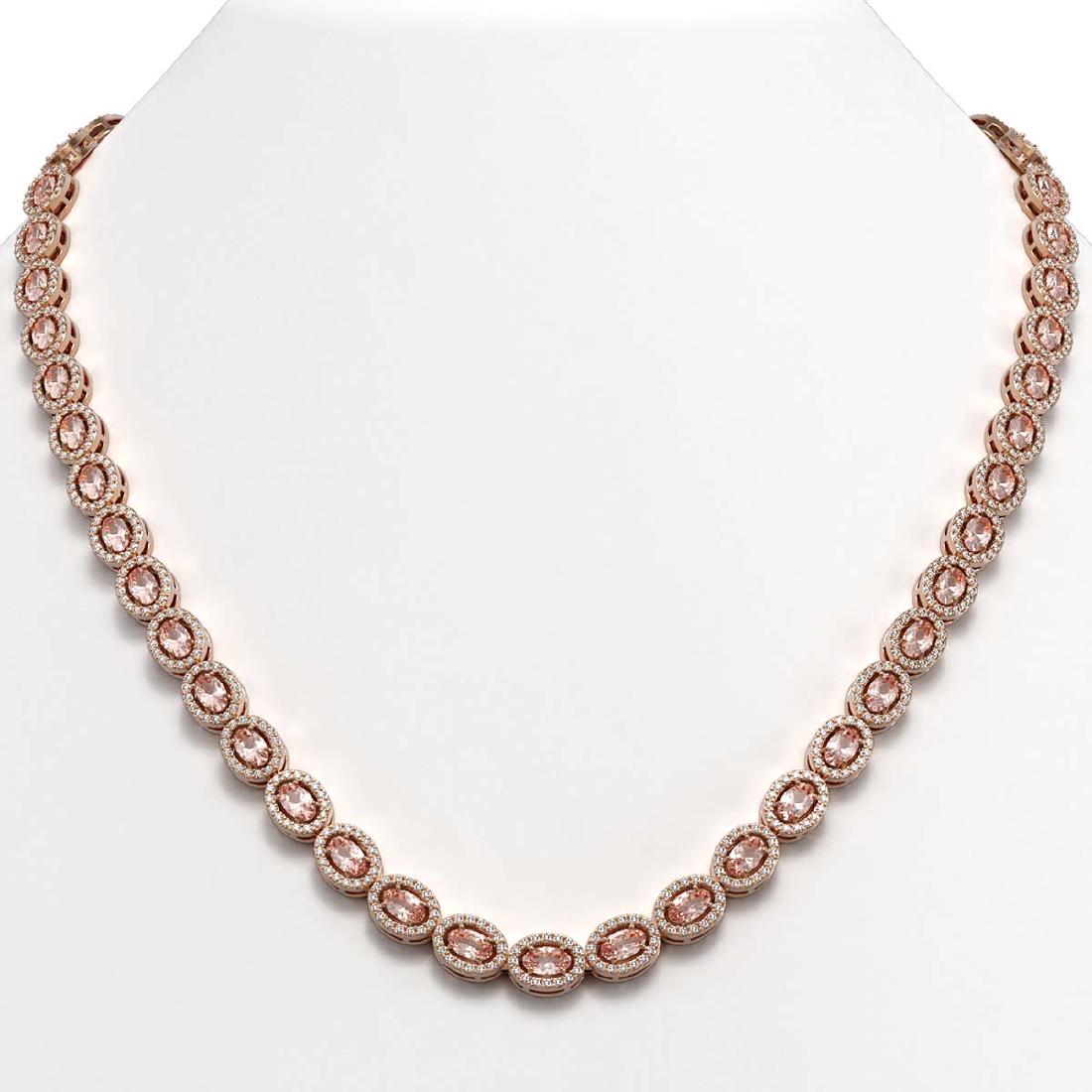 23.48 CTW Morganite & Diamond Halo Necklace 10K Rose: REF-547M8H -40311 ---- 23.48 CTW Morganite & Diamond Halo Necklace 10K Rose Gold ---- Luxury Designer Brand Necklace Appraised at $30,150 Certificate Number US40311 10k Rose gold, Necklace Size is 16 