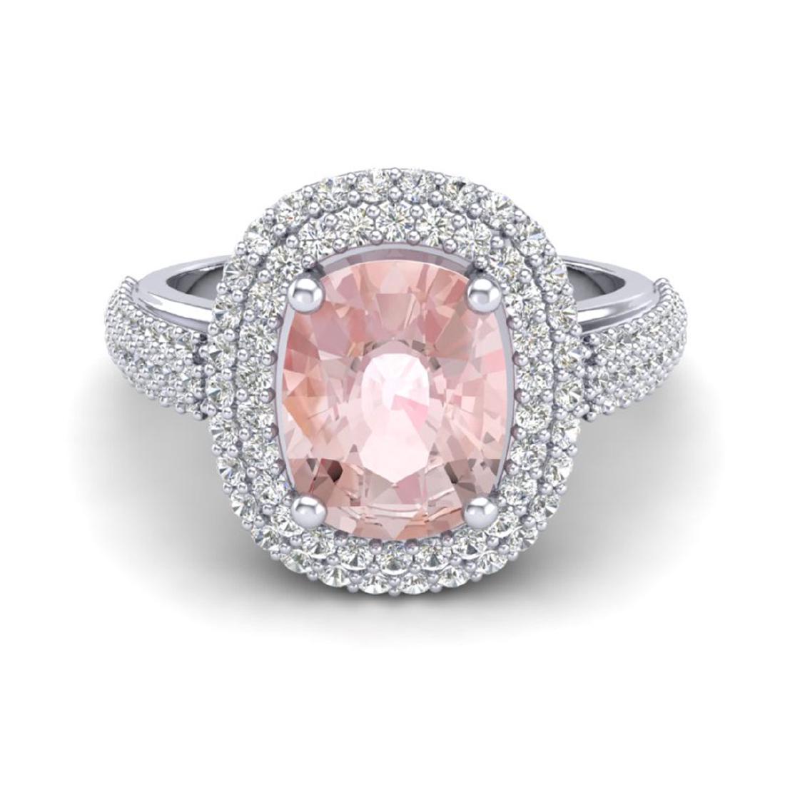 3.25 CTW Morganite & Micro Pave VS/SI Diamond Halo Ring: REF-148Y9K -20720 ---- 3.25 CTW Morganite & Micro Pave VS/SI Diamond Halo Ring 18K White Gold ---- Luxury Designer Brand Ring Appraised at $10,650 Certificate Number US20720 18k White gold, Ring Size 