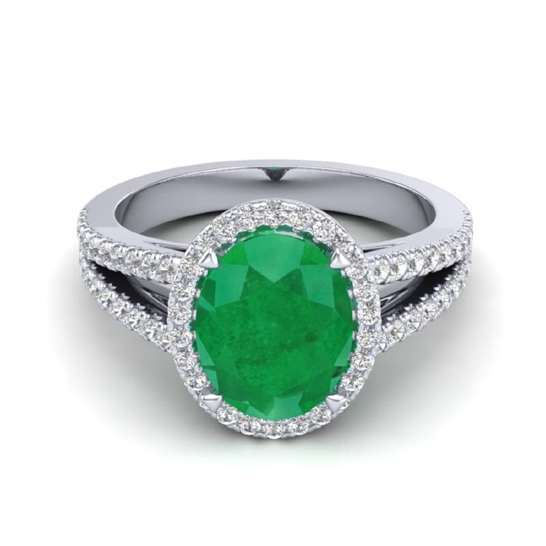 3 CTW Emerald & Micro VS/SI Diamond Halo Solitaire Ring: REF-83K6W -20938 ---- 3 CTW Emerald & Micro VS/SI Diamond Halo Solitaire Ring 18K White Gold ---- Luxury Designer Brand Ring Appraised at $5,500 Certificate Number US20938 18k White gold, Ring Size is