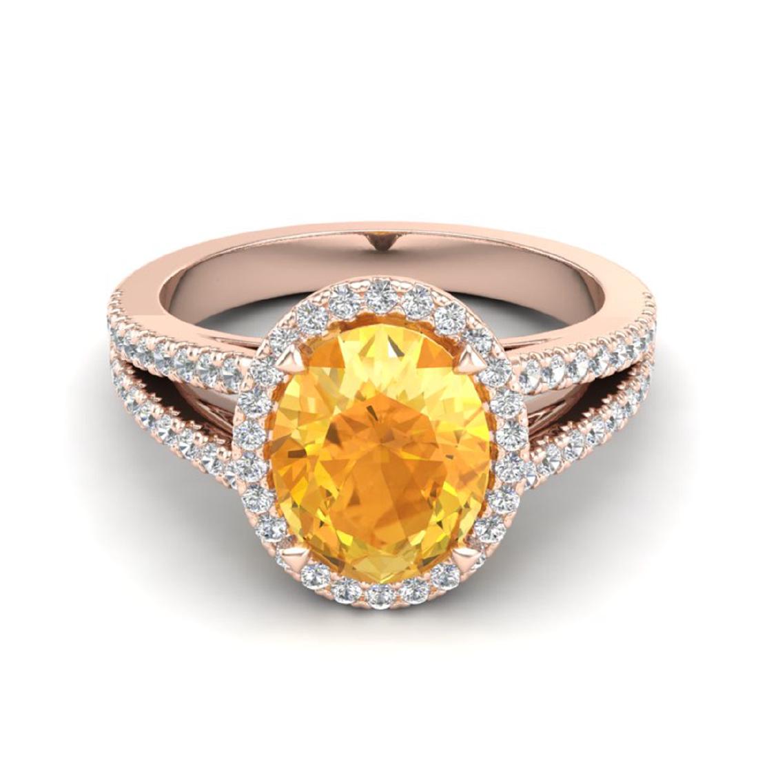 3 CTW Citrine & Micro VS/SI Diamond Halo Solitaire Ring: REF-57W6F -20935 ---- 3 CTW Citrine & Micro VS/SI Diamond Halo Solitaire Ring 14K Rose Gold ---- Luxury Designer Brand Ring Appraised at $3,800 Certificate Number US20935 14k Rose gold, Ring Size is 7