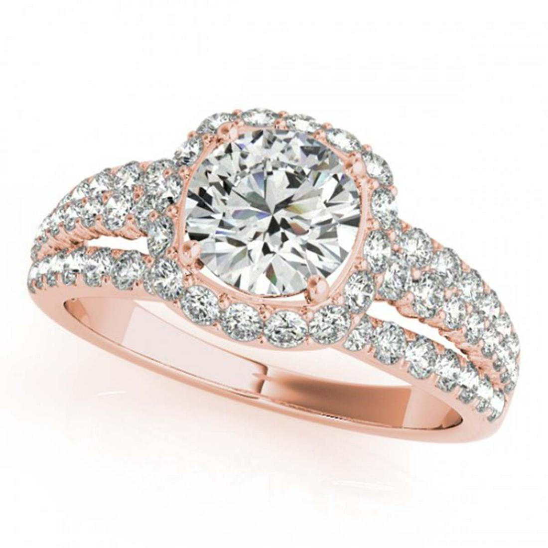 1.75 ctw VS/SI Diamond Solitaire Halo Ring 14K Rose: REF-185A5V - SKU:24594 ---- 1.75 ctw VS/SI Diamond Solitaire Halo Ring 14K Rose Gold Designer Brand Luxury Jewelry, made in the USA Suggested Retail Price: $12,250 Factory offers perfect factory sizin