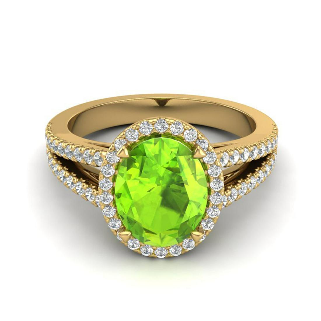 3 ctw Peridot & VS/SI Diamond Halo Solitaire Ring 18K: REF-72X2R - SKU:20946 ---- 3 ctw Peridot & VS/SI Diamond Halo Solitaire Ring 18K Yellow Gold Designer Brand Luxury Jewelry, made in the USA Suggested Retail Price: $5,150 Factory offers perfect factor