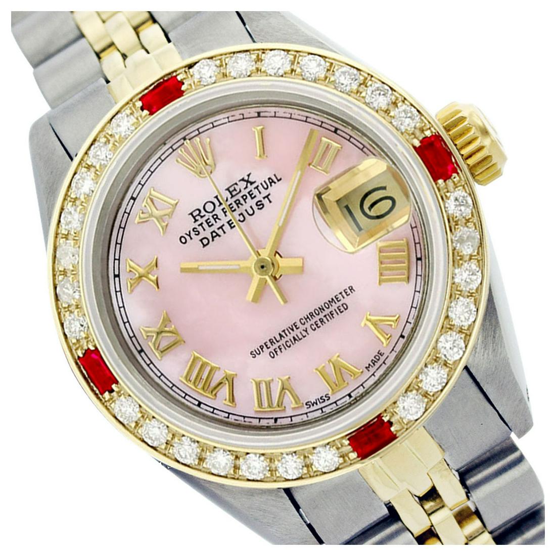 Rolex Ladies Two Tone 14K Gold/ss, Roman Dial with: REF-428Y6X ---- Rolex Ladies Two Tone 14K Gold/ss, Roman Dial with Diam/Ruby Bezel, Sapphire Crystal This watch is in Excellent Condition. Newly serviced & Polished to Factory specifications. Prepetua