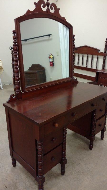 Cherry Spool Bed w Drop Leaf end Table. Also comes with: Cherry Spool Bed w Drop Leaf end Table. Also comes with a Cherry Dresser/Vanity of different Style. Matches Well. Table and Dresser stamped Wheeler Jamison, Nashville, TN Bed 57'W x 82"L x 57"H Table